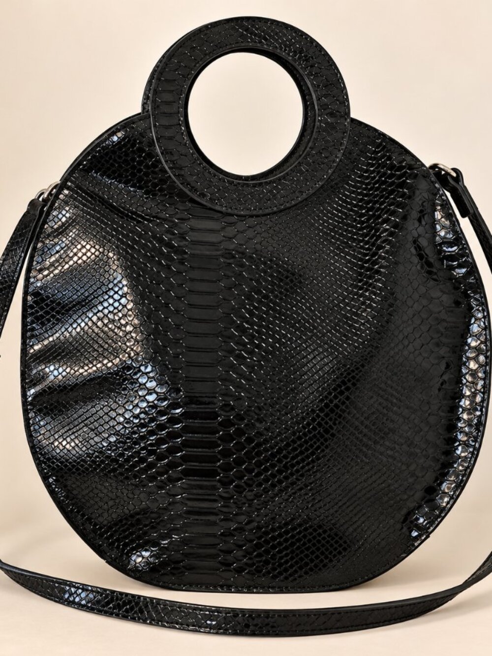 Black Faux Snakeskin Patent Circle Handle Crossbody Bag
